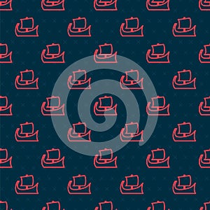 Red line Ancient Greek trireme icon isolated seamless pattern on black background. Vector