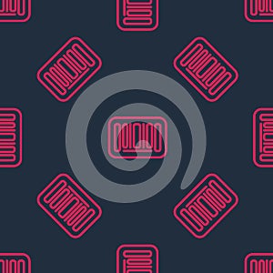 Red line Barcode icon isolated seamless pattern on black background. Vector