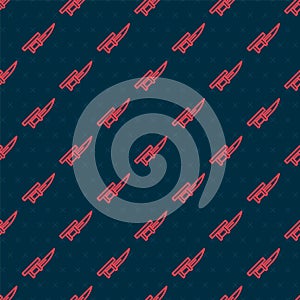 Red line Bayonet on rifle icon isolated seamless pattern on black background. Vector