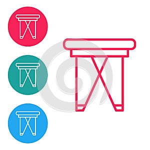 Red line Camping portable folding chair icon isolated on white background. Rest and relax equipment. Fishing seat. Set