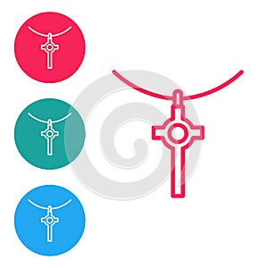 Red line Christian cross on chain icon isolated on white background. Church cross. Set icons in circle buttons. Vector