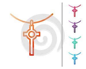 Red line Christian cross on chain icon isolated on white background. Church cross. Set color icons. Vector Illustration