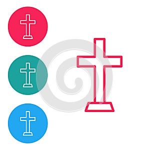 Red line Christian cross icon isolated on white background. Church cross. Set icons in circle buttons. Vector