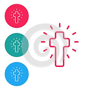 Red line Christian cross icon isolated on white background. Church cross. Set icons in circle buttons. Vector