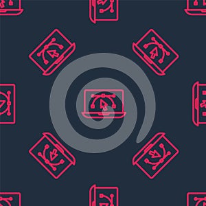 Red line Computer display with vector design program icon isolated on isolated seamless pattern on black background