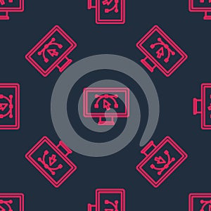 Red line Computer display with vector design program icon isolated on isolated seamless pattern on black background