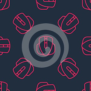 Red line Computer mouse gaming icon isolated seamless pattern on black background. Optical with wheel symbol. Vector