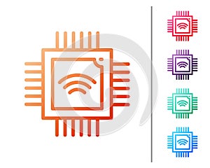 Red line Computer processor with microcircuits CPU icon isolated on white background. Chip or cpu with circuit board