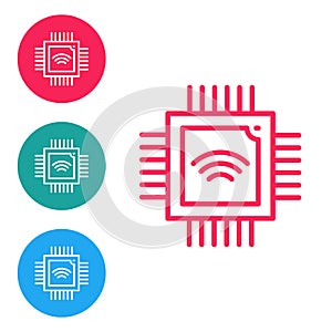 Red line Computer processor with microcircuits CPU icon isolated on white background. Chip or cpu with circuit board