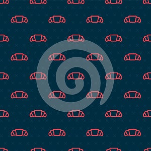 Red line Croissant icon isolated seamless pattern on black background. Vector