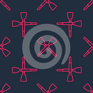 Red line Crossed oars or paddles boat icon isolated seamless pattern on black background. Vector