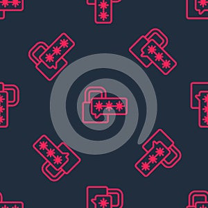 Red line Cyber security icon isolated seamless pattern on black background. Closed padlock on digital circuit board