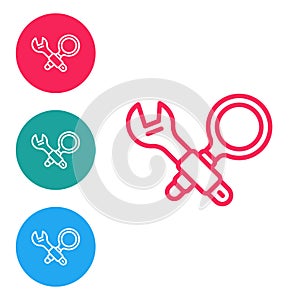 Red line Debugging icon isolated on white background. Debugging tool. Magnifying glass on bug programming. Testing and