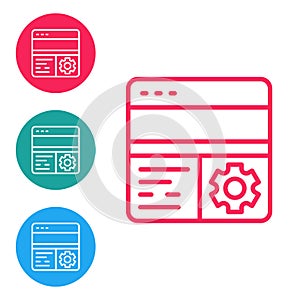 Red line Debugging icon isolated on white background. Debugging tool. Magnifying glass on bug programming. Testing and