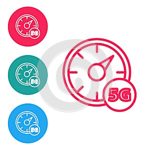 Red line Digital speed meter concept with 5G icon isolated on white background. Global network high speed connection