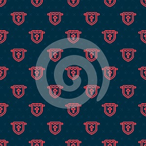 Red line Flag with christian cross icon isolated seamless pattern on black background. Vector