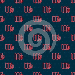 Red line Folded map with location marker icon isolated seamless pattern on black background. Vector