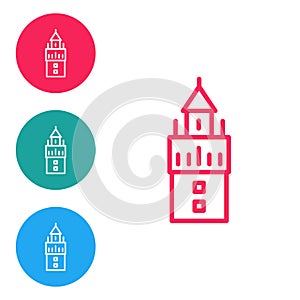 Red line Giralda in Seville Spain icon isolated on white background. Set icons in circle buttons. Vector