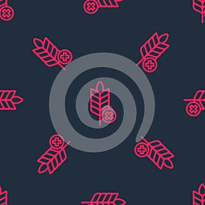Red line Gluten free grain icon isolated seamless pattern on black background. No wheat sign. Food intolerance symbols