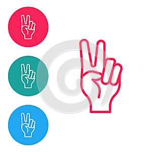 Red line Hand showing two finger icon isolated on white background. Hand gesture V sign for victory or peace. Set icons