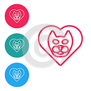 Red line Heart with cat icon isolated on white background. Love to the animals. Set icons in circle buttons. Vector