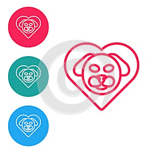Red line Heart with dog icon isolated on white background. Pet paw in heart. Love to the animals. Set icons in circle