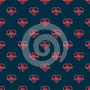 Red line Heart rate icon isolated seamless pattern on black background. Heartbeat sign. Heart pulse icon. Cardiogram