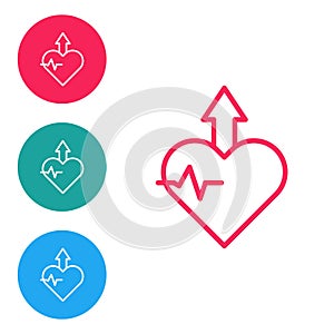 Red line Heartbeat increase icon isolated on white background. Increased heart rate. Set icons in circle buttons. Vector
