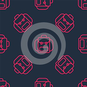 Red line Hiking backpack icon isolated seamless pattern on black background. Camping and mountain exploring backpack