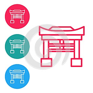 Red line Japan Gate icon isolated on white background. Torii gate sign. Japanese traditional classic gate symbol. Set