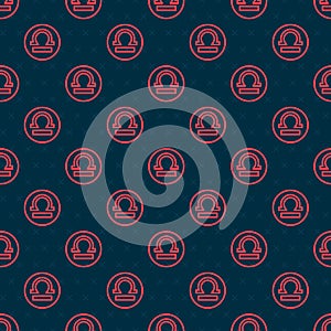 Red line Libra zodiac sign icon isolated seamless pattern on black background. Astrological horoscope collection. Vector