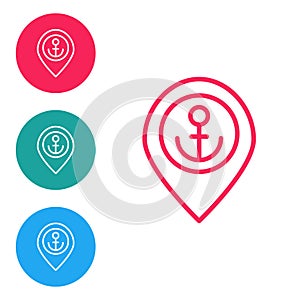 Red line Map pointer with anchor icon isolated on white background. Set icons in circle buttons. Vector