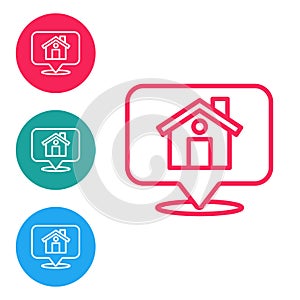 Red line Map pointer with house icon isolated on white background. Home location marker symbol. Set icons in circle