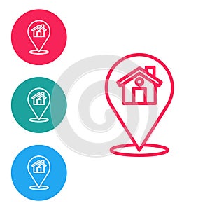 Red line Map pointer with house icon isolated on white background. Home location marker symbol. Set icons in circle