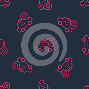 Red line Map pointer with taxi car icon isolated seamless pattern on black background. Location symbol. Vector