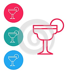 Red line Margarita cocktail glass with lime icon isolated on white background. Set icons in circle buttons. Vector