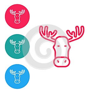 Red line Moose head with horns icon isolated on white background. Set icons in circle buttons. Vector