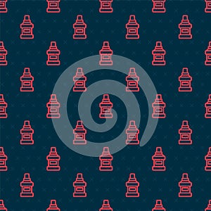 Red line Mouthwash plastic bottle icon isolated seamless pattern on black background. Liquid for rinsing mouth. Oralcare