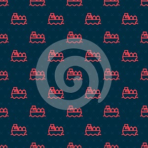 Red line Oil tanker ship icon isolated seamless pattern on black background. Vector