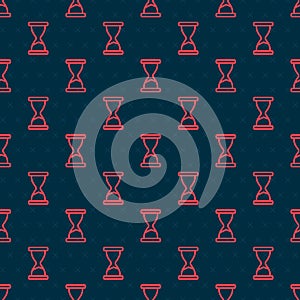 Red line Old hourglass with flowing sand icon isolated seamless pattern on black background. Sand clock sign. Business