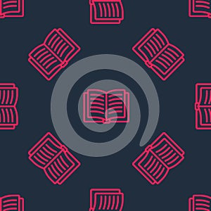 Red line Open book icon isolated seamless pattern on black background. Vector