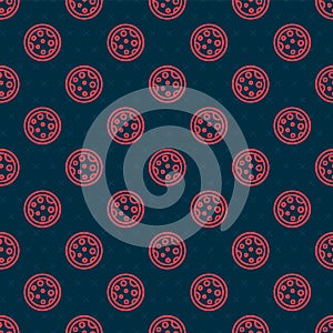 Red line Petri dish with bacteria icon isolated seamless pattern on black background. Vector