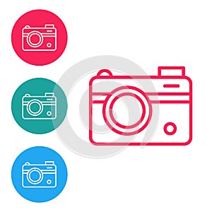 Red line Photo camera icon isolated on white background. Foto camera. Digital photography. Set icons in circle buttons