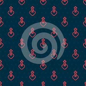 Red line Religious cross in the heart inside icon isolated seamless pattern on black background. Love of God, Catholic