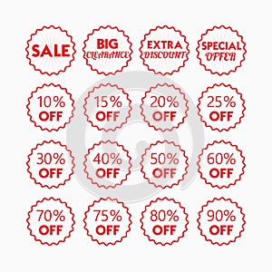 Red line retail and shopping SALE and percentage tags icons set