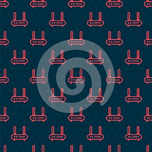 Red line Router and wi-fi signal icon isolated seamless pattern on black background. Wireless ethernet modem router