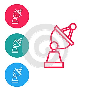 Red line Satellite dish icon isolated on white background. Radio antenna, astronomy and space research. Set icons in