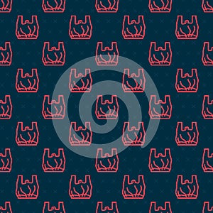 Red line Say no to plastic bags poster icon isolated seamless pattern on black background. Disposable cellophane and