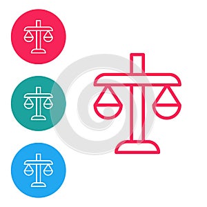 Red line Scales of justice icon isolated on white background. Court of law symbol. Balance scale sign. Set icons in