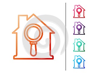 Red line Search house icon isolated on white background. Real estate symbol of a house under magnifying glass. Set color